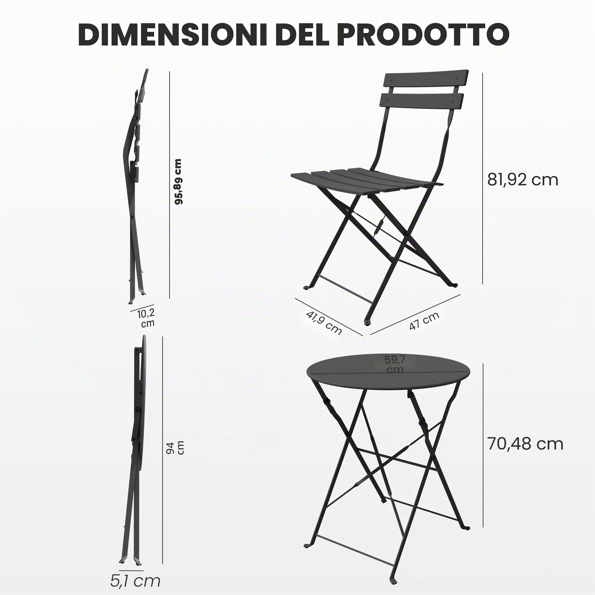 Grand patio Set Bistrò Veranda, 1 Tavolo e 2 Sedie, Ripiegabile, Set da Balcone, Struttura in Metallo, salvaspazio, Set arredo Giardino per Balcone, Esterno (Nero)