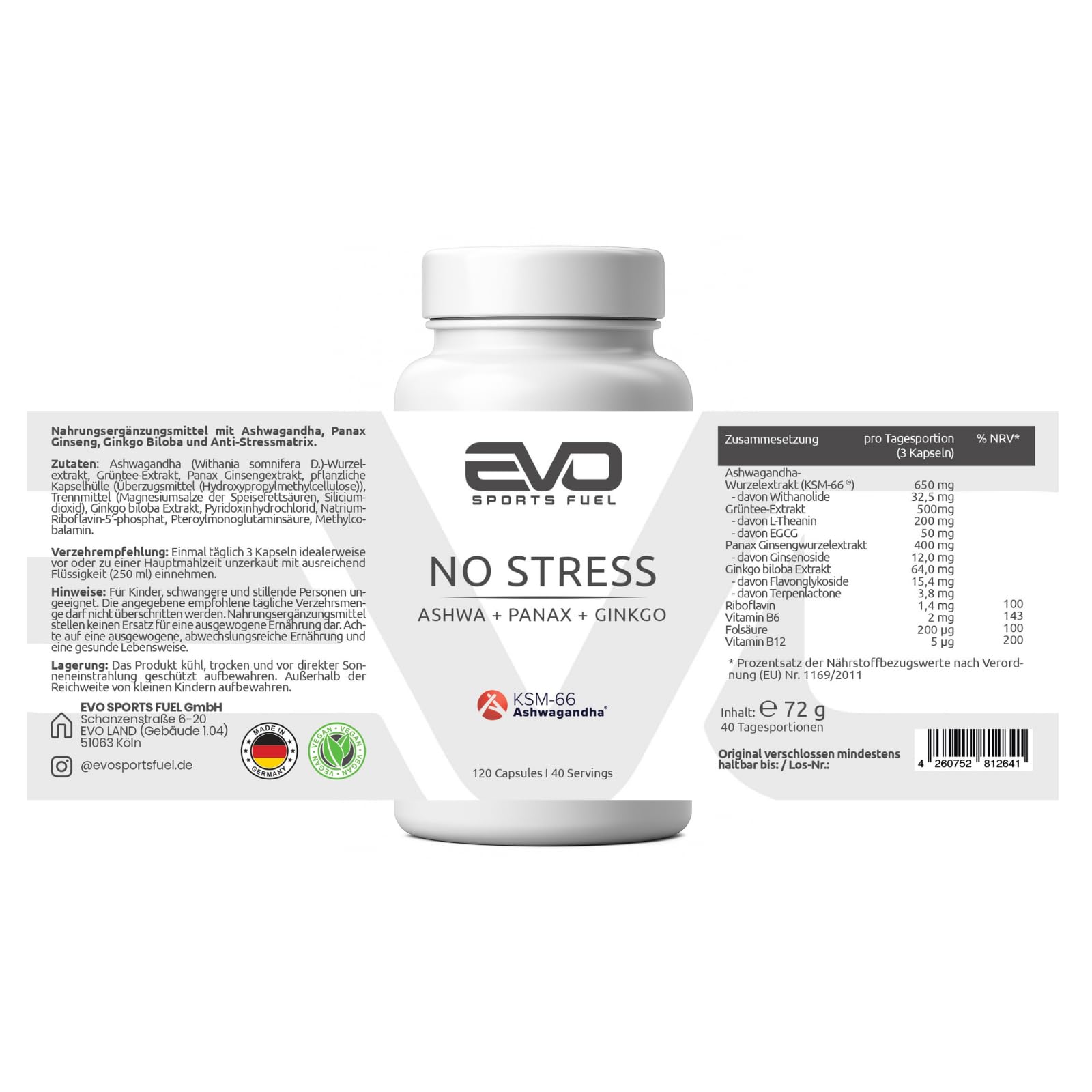EVO SPORTS FUEL No Stress KSM-66® Ashwagandha Kapseln | 120 Kapseln | original indische Schlafbeere mit Panax, Ginkgo und mehr | 100% Vegan & natürlich | geprüfte Qualität | Made in Germany (1er Pack)