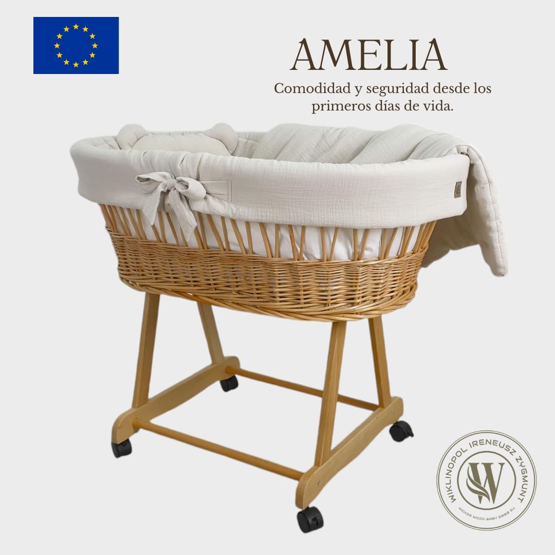 Wiklinopol Amelia moisés de mimbre con estructura y colchón – Cesta para bebé en color natural – Juego de ropa de cama de muselina beige – Cesta de mimbre portátil, ideal para recién nacidos