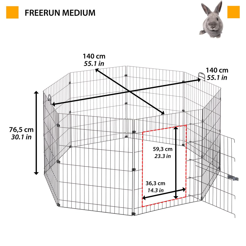 Ferplast Recinto para Conejos FREERUN Medium, Conejo, Cobaya, Jaula para Conejos, Valla para Mascotas, Corralito Diámetro 140 x 76,5 cm, con Tiradores y Puerta, en Acero Inoxidable