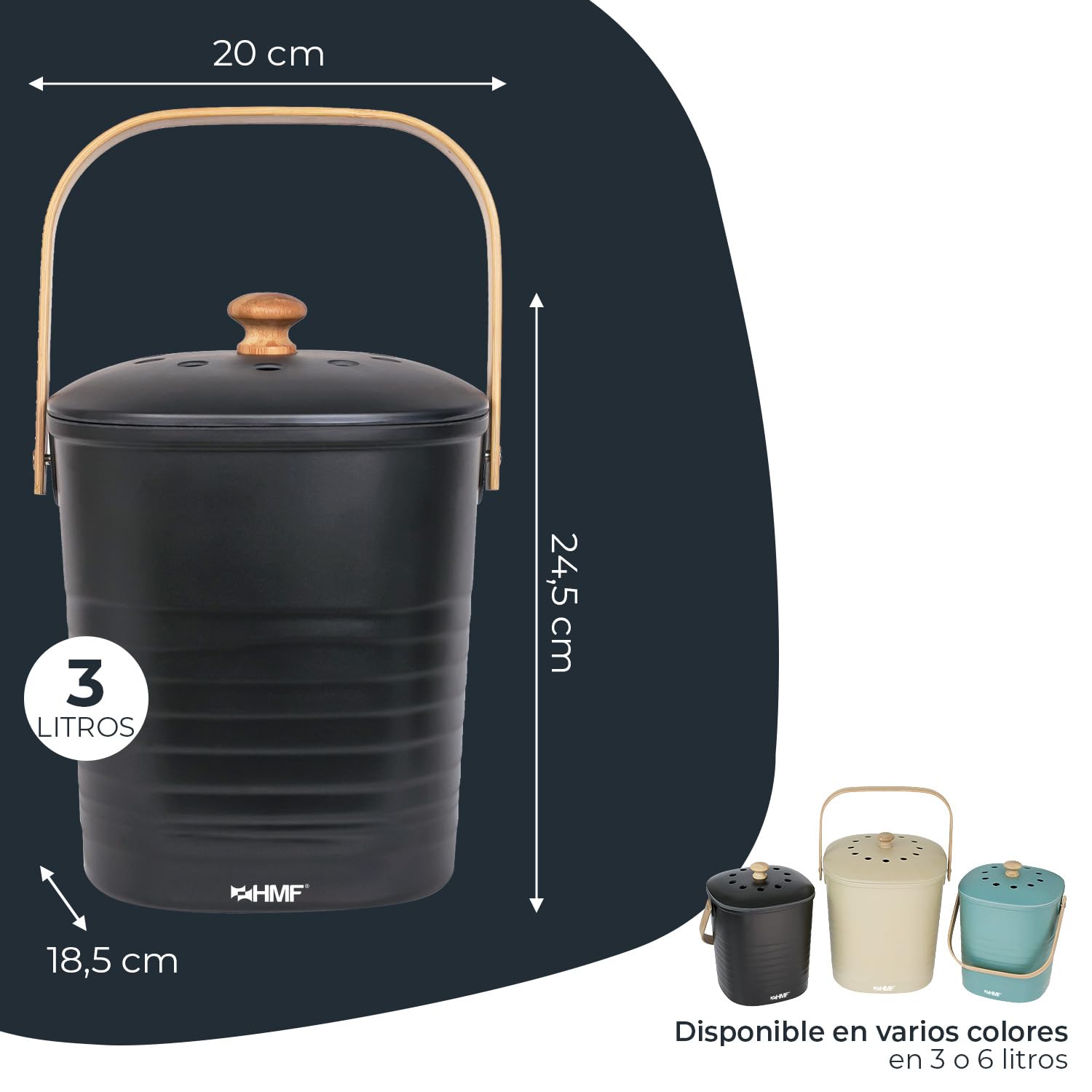 HMF Cubo de basura ecológico sostenible para cocina, inodoro con tapa, 3 litros, color negro