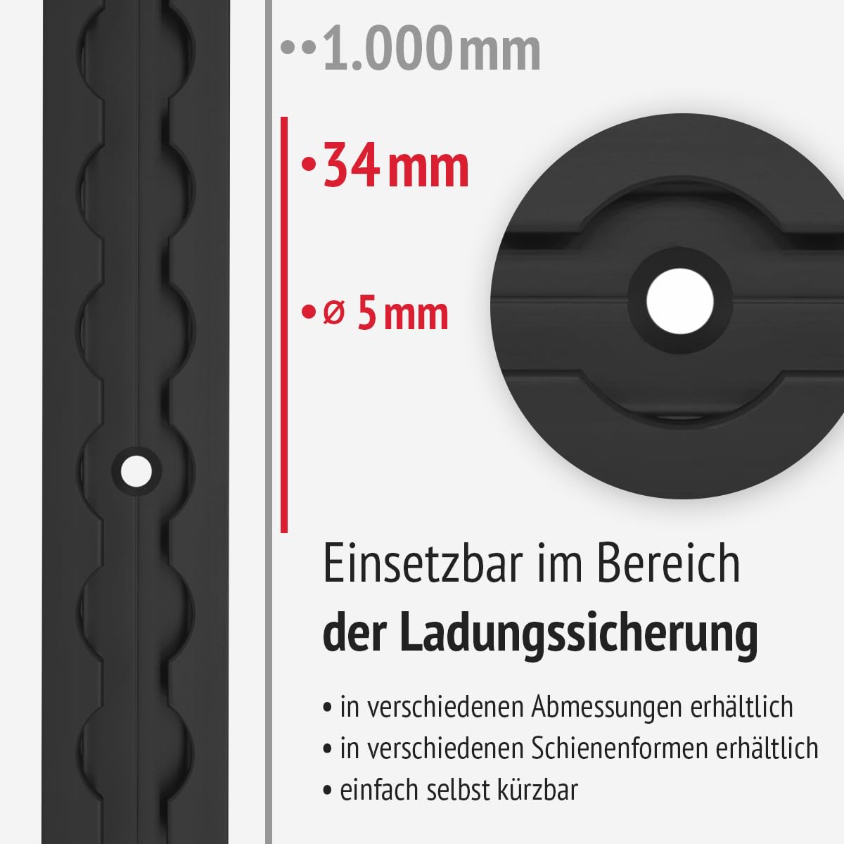 Set 2X Airlineschienen 1.0 m, 4X Endkappen, 4 Fittinge und 4X Klemmschlossgurte, schwarz KTL-beschichtet, gebohrt, eckig, 34 x 9,6 mm | Zurrschiene für Transporter, Wohnwagen, Anhänger