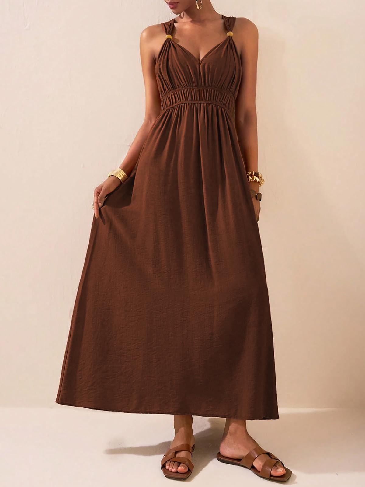 LIAMERHE Damen Maxikleid Elegant V-Ausschnitt Boho A-Linie Taille Haute