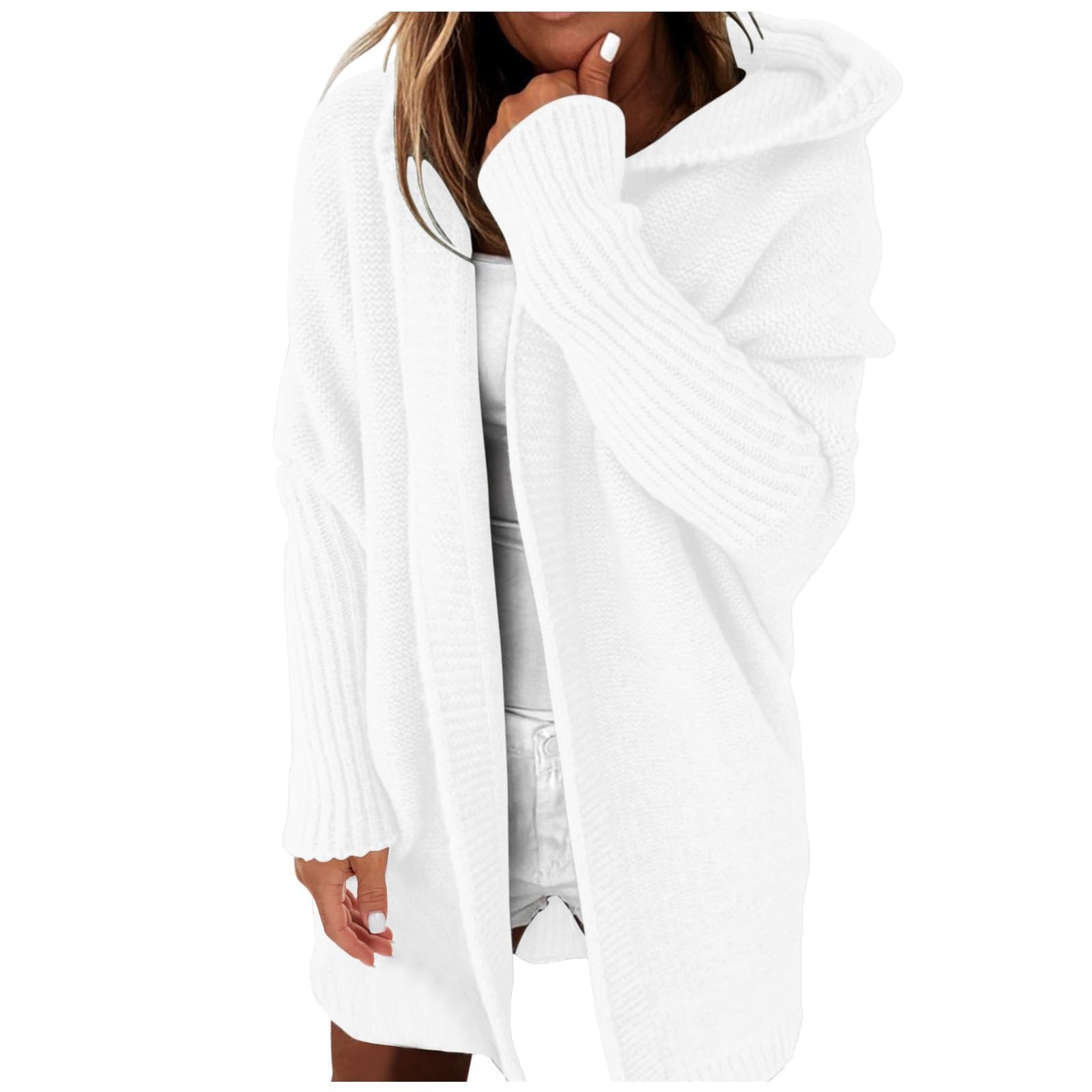 Cárdigan largo de punto grueso con capucha para mujer, chaqueta de suéter de otoño e invierno, sudadera con capucha de punto holgado y parte delantera abierta