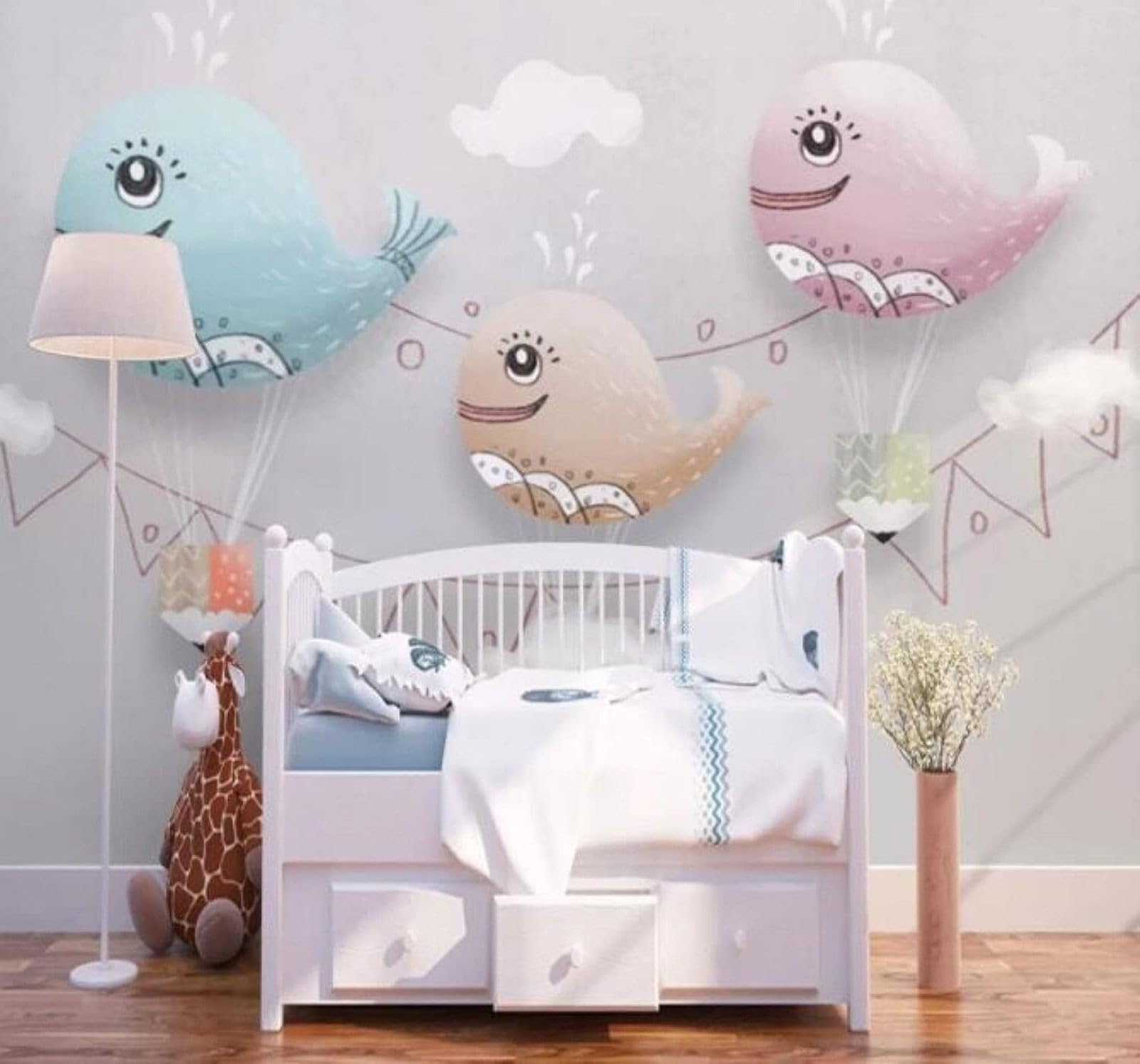 Xlming 350Cm×256Cm(B×H) Minimalist Cartoon Hand Drawn Whale White Clouds 3D Wallpaper Luxury Silk Study Dining Feature Sofa Grey Bedroom Living Room Tv Decorative Wall-350Cm×256Cm
