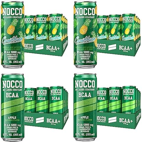 NOCCO BCAA Apple & Caribbean Pineapple Decaf Pack - 12 Count (Pack of 48) - 0mg of Caffeine, 5000mg of BCAAs - Sugar Free & Carbonated Drink - Vitamin B6, B12, & Biotin - Grab & Go Performance Drink Cover