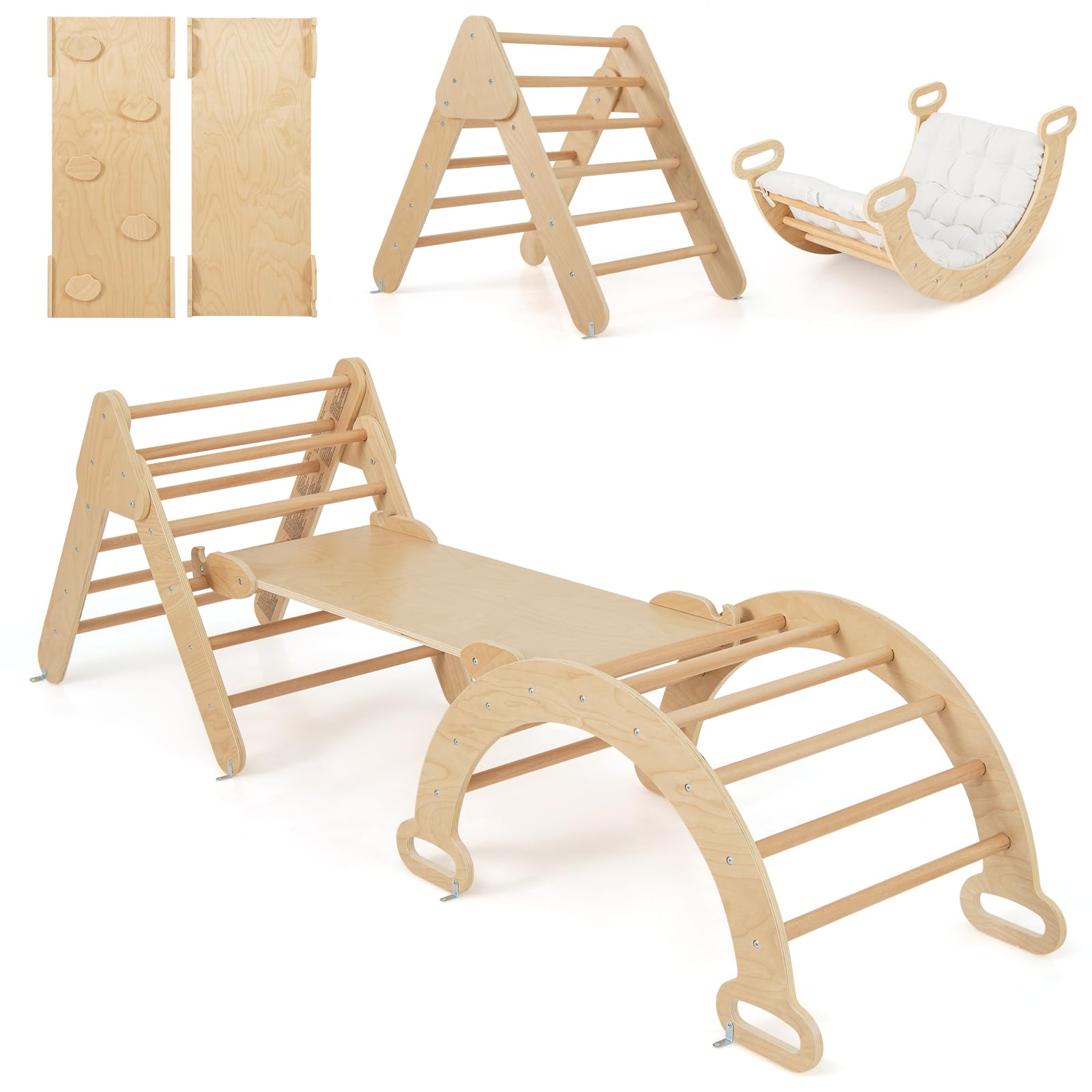 Maxmass Kids Climbing Triangle Set, 3-in-1 Toddler Climber with Ladder, Reversible Ramp & Arch, Wooden Climbing Playground for Indoor & Outdoor (Natural with Mat) โ image 1