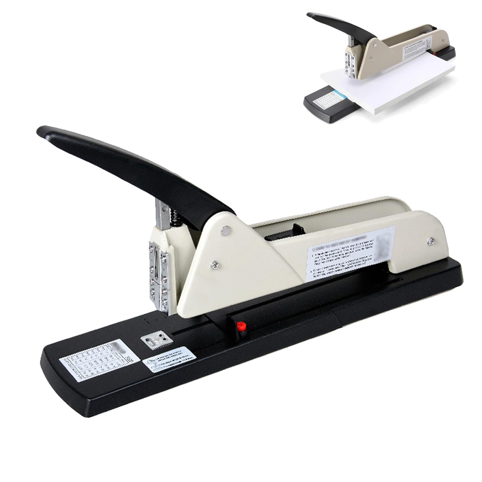 Grapadora resistente de largo alcance, capacidad de 210 hojas, profundidad ajustable de 250 mm, placa limitadora, placa de aguja giratoria para folletos, folletos y álbumes