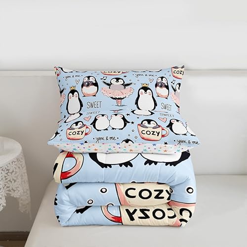 Miniatura 7 de Manfei Juego de edredón de pingüinos de dibujos animados para niños, tamaño King, bonito juego de ropa de cama de animales árticos, decoración de