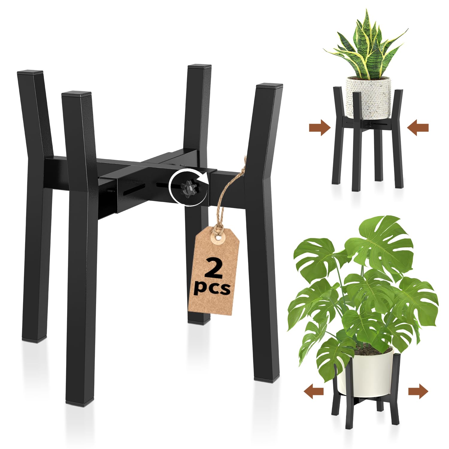 LASZOLA Black Adjustable Plant Stand for Single Large Outdoor Indoor Planters, Heavy Duty Metal Floor Fern Holder Fits 8 to 12 Inch Pots, Elevated Big