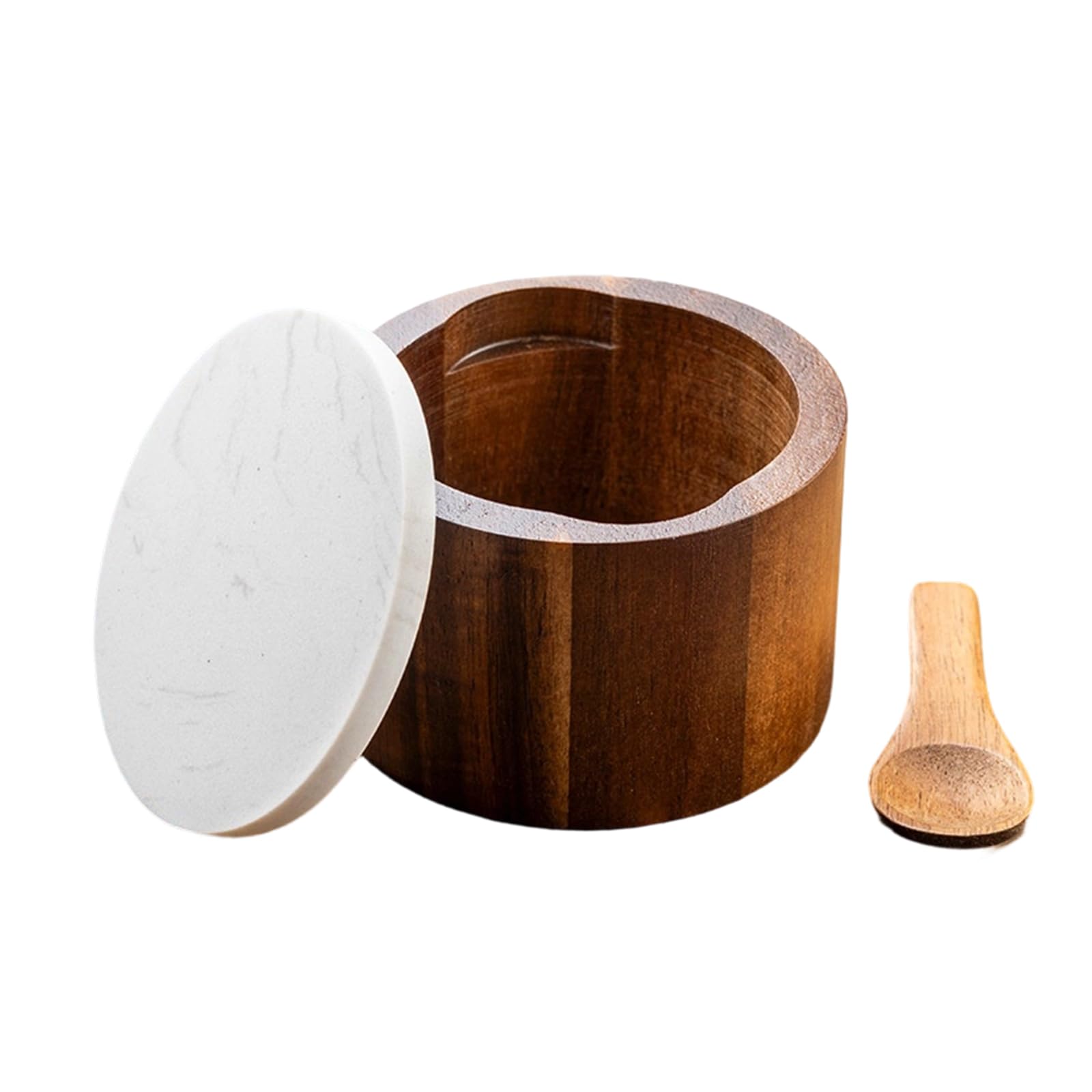 Msioytog Handcrafted Wooden Condiment Holder with Stone Lid and Spoon for Seasoning Portable Seasoning Jar with Spoon