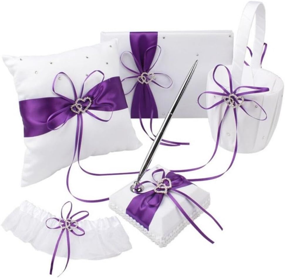 VAlink 5Pcs/lot Romantic Wedding Decoration Set Rhinestone Stain Ribbon Wedding Ring Pillow+ Girls Flower Basket +Guest Book + Pen + Garter for Wedding Party Decor Accessories