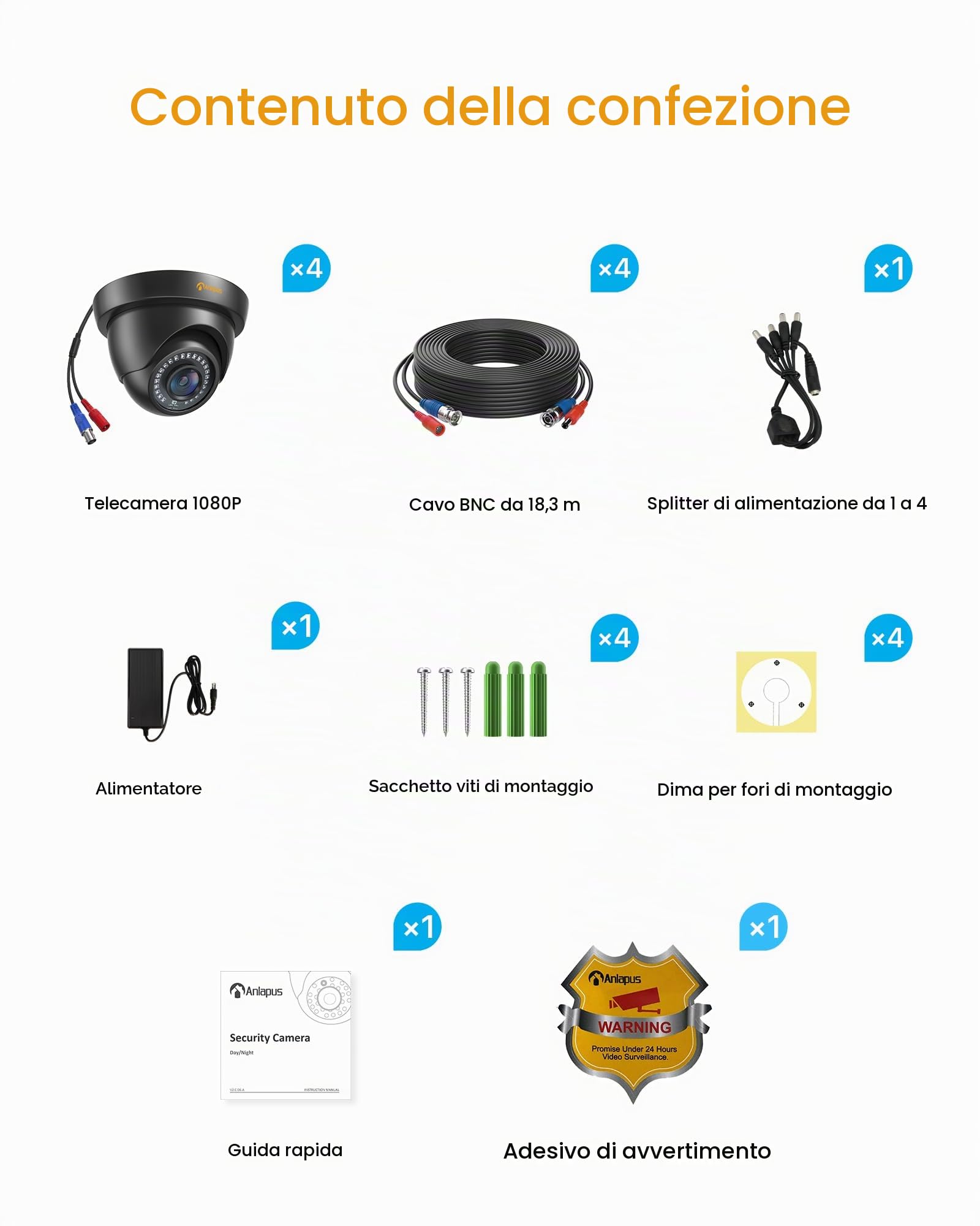 Anlapus 4pcs 1080P Telecamera di Sorveglianza per DVR Kit Videosorveglianza, 20M Visione Notturna, Nero