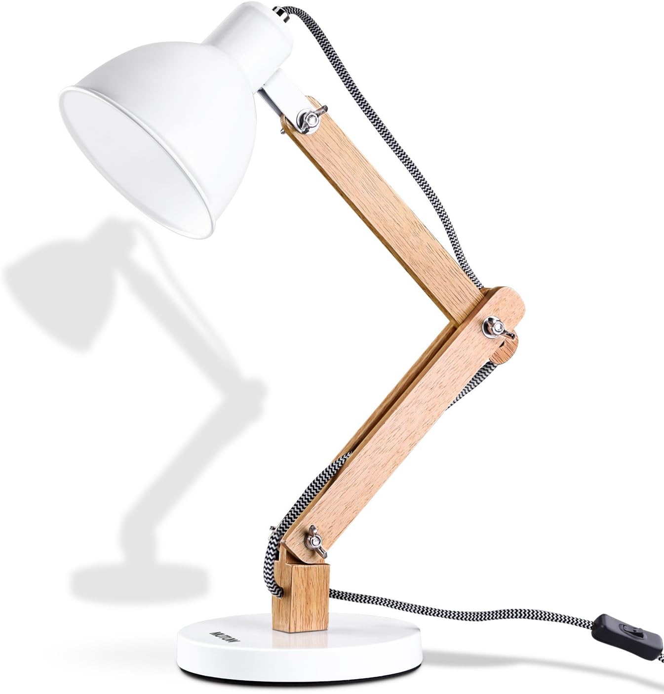 Wooden Swing Arm Desk Lamp, e26 e27 LED Bulb Lamp, 40W, Metal Wooden, Perfect for Reading Study Work Office, White