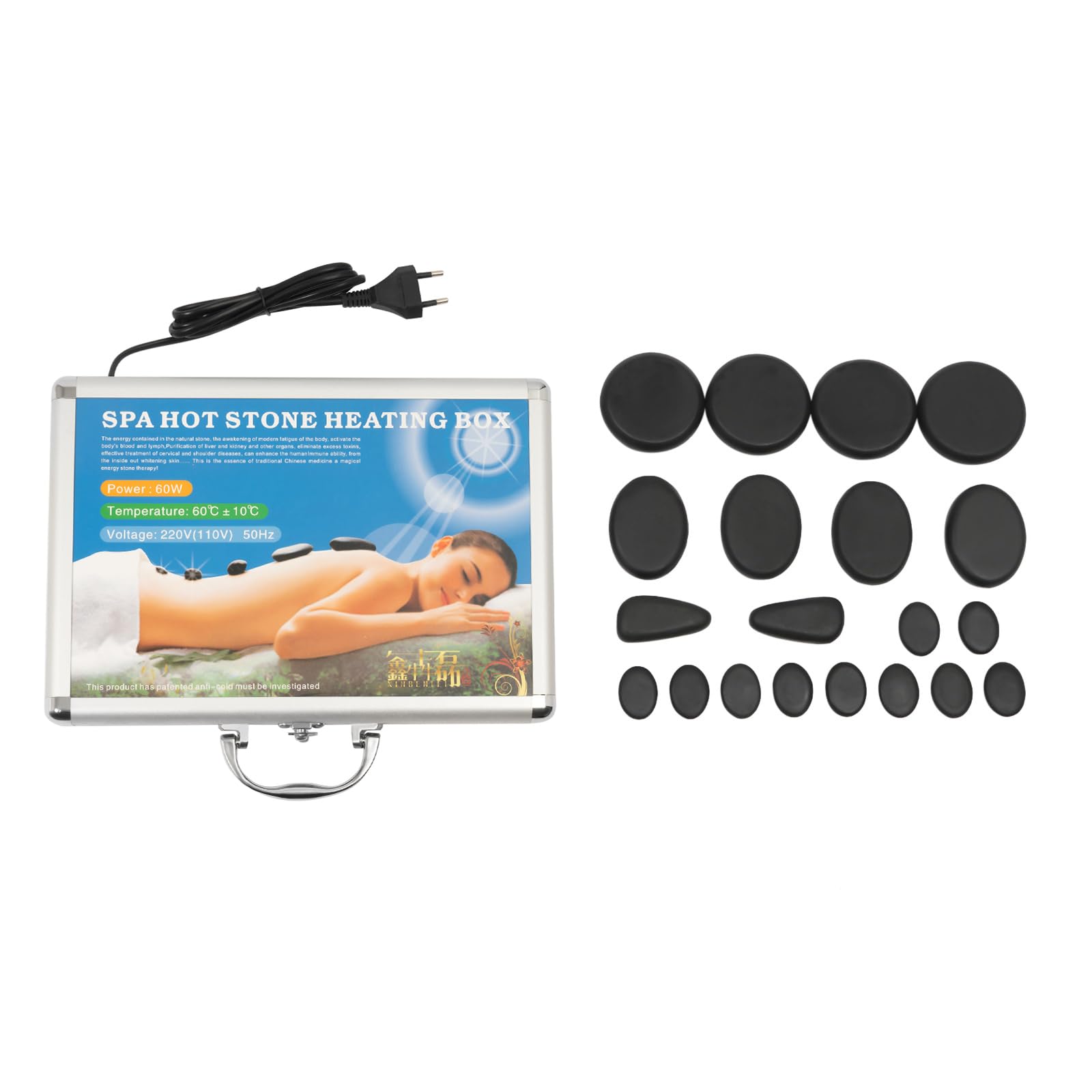 Set de masaje de piedra caliente (18 unidades, portátil, con caja de calefacción)