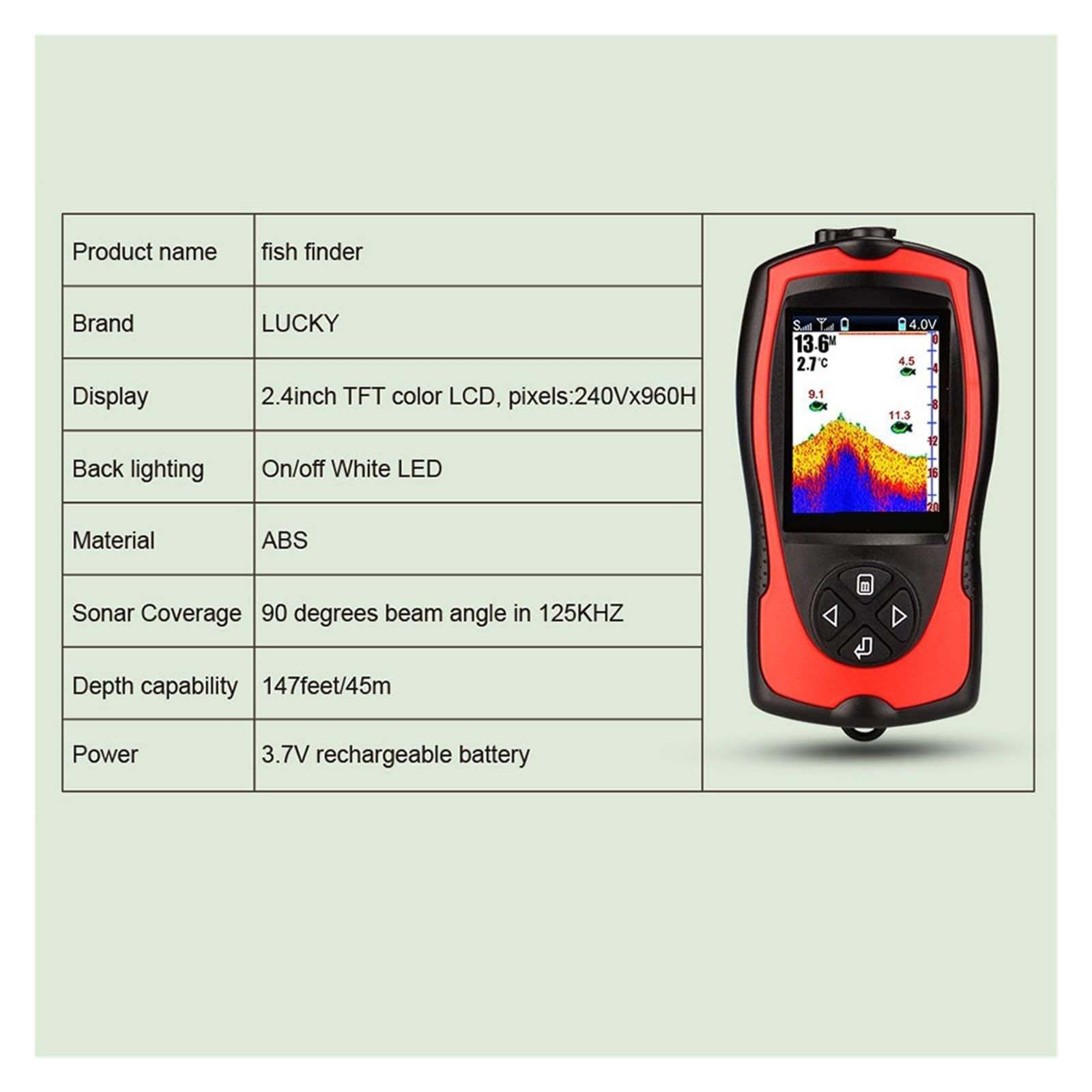 Ecoscandaglio, Ecoscandaglio ricaricabile Sensore sonar cablato/wireless Display a colori for la pesca Profondità massima dell'acqua 45 M(FF1108-1CT)