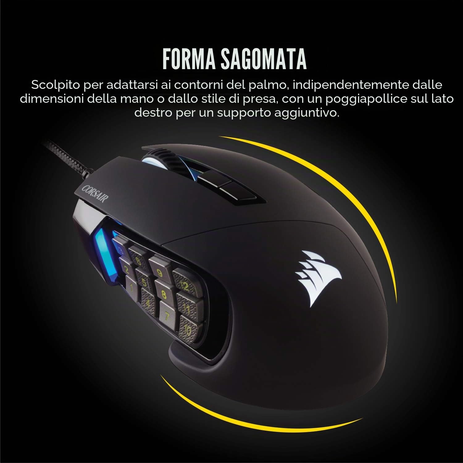 Corsair Scimitar RGB Elite - Mouse da gioco MOBA/MMO, nero, retroilluminato, LED RGB, 18000 DPI, ottico