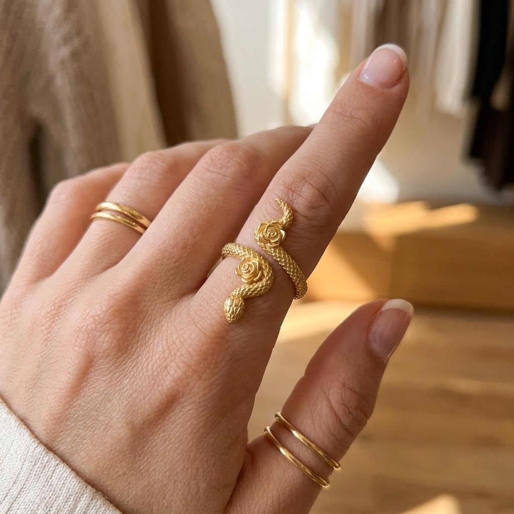 DAYLINLOVE Anillo gótico de serpiente de plata de ley 925, anillo abierto ajustable para el pulgar, joyería gótica de serpiente regalo para mujeres y niñas (chapado en oro de 18 quilates)