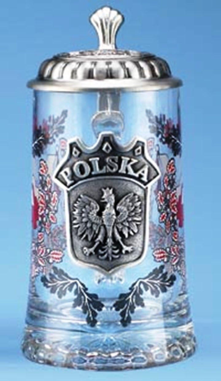 Polska Glass Beer Stein with Pewter Lid and Pewter Medallion by M. Cornell