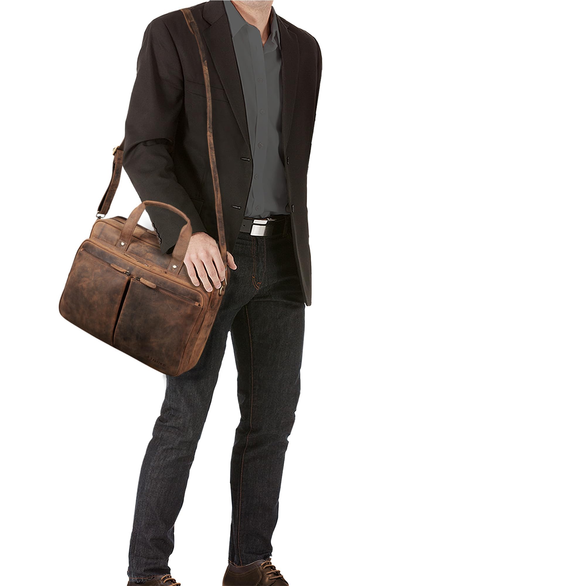 STILORD Remus Sac en Cuir Homme à Bandoulière d'Epaule Femmes Porte-Documents A4 Sac d'affaires pour PC Portable 15,6 Pouces Cartable Couleur:Marron Moyen