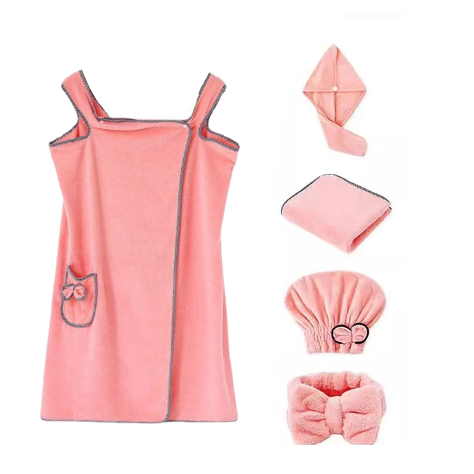 5Pcs Women's SPA Wrap Robe Set,Bath Towel Shower Wrap Hair Drying Cap Headband Drying Hair Hat Strong Water Absorption Wearable Bath Dress