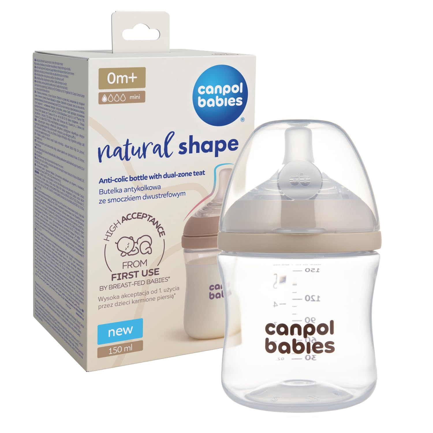 Canpol babies Butelka Natural Shape ze smoczkiem dwustrefowym, Niekapiący smoczek, Czytelna skala (150 ml mini)