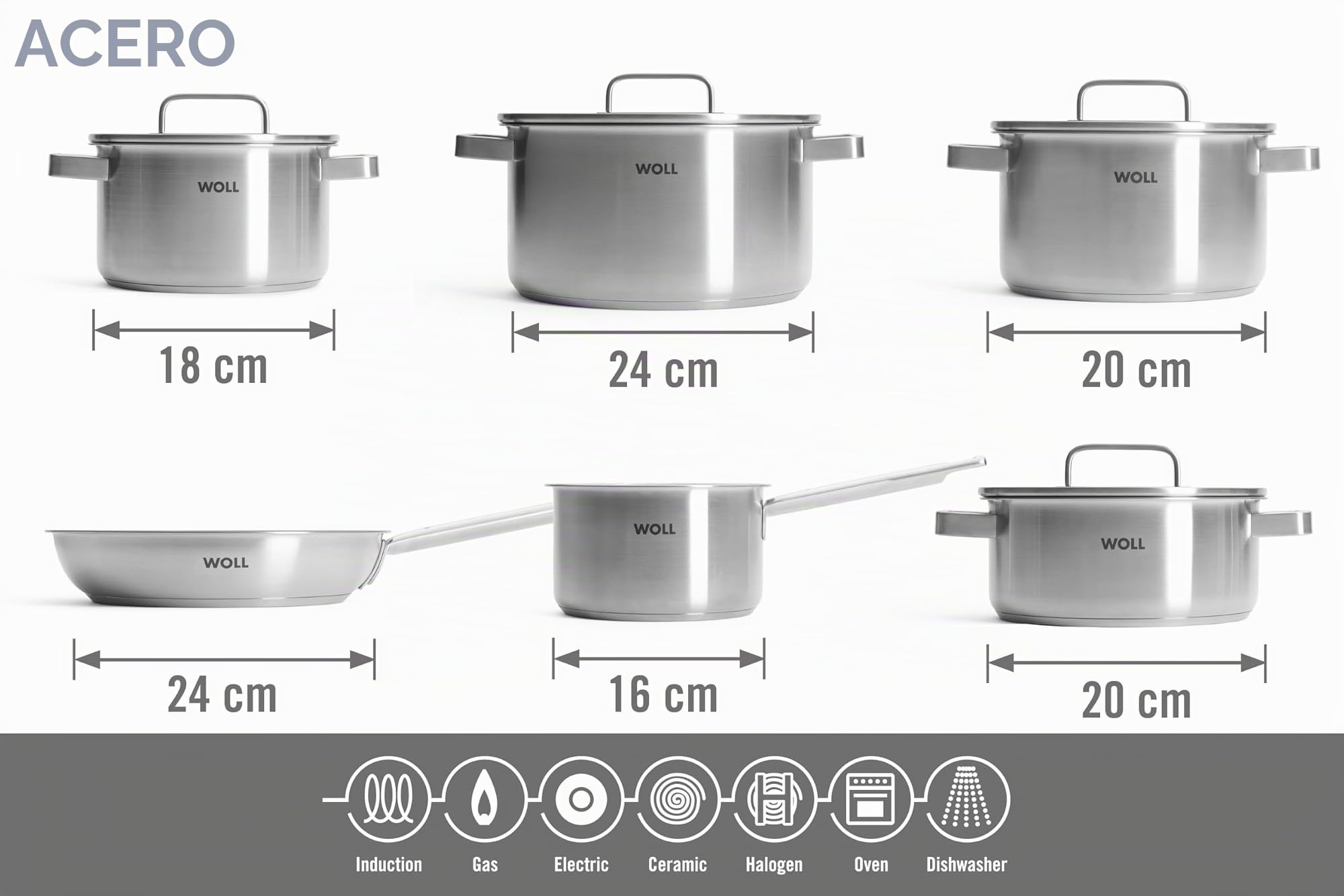 WOLL Juego de 10 cacerolas de acero inoxidable de 20 a 24 cm de diámetro, aptas para lavavajillas, ahorro de energía y duraderas, cacerolas, juego de ollas, ollas de inducción