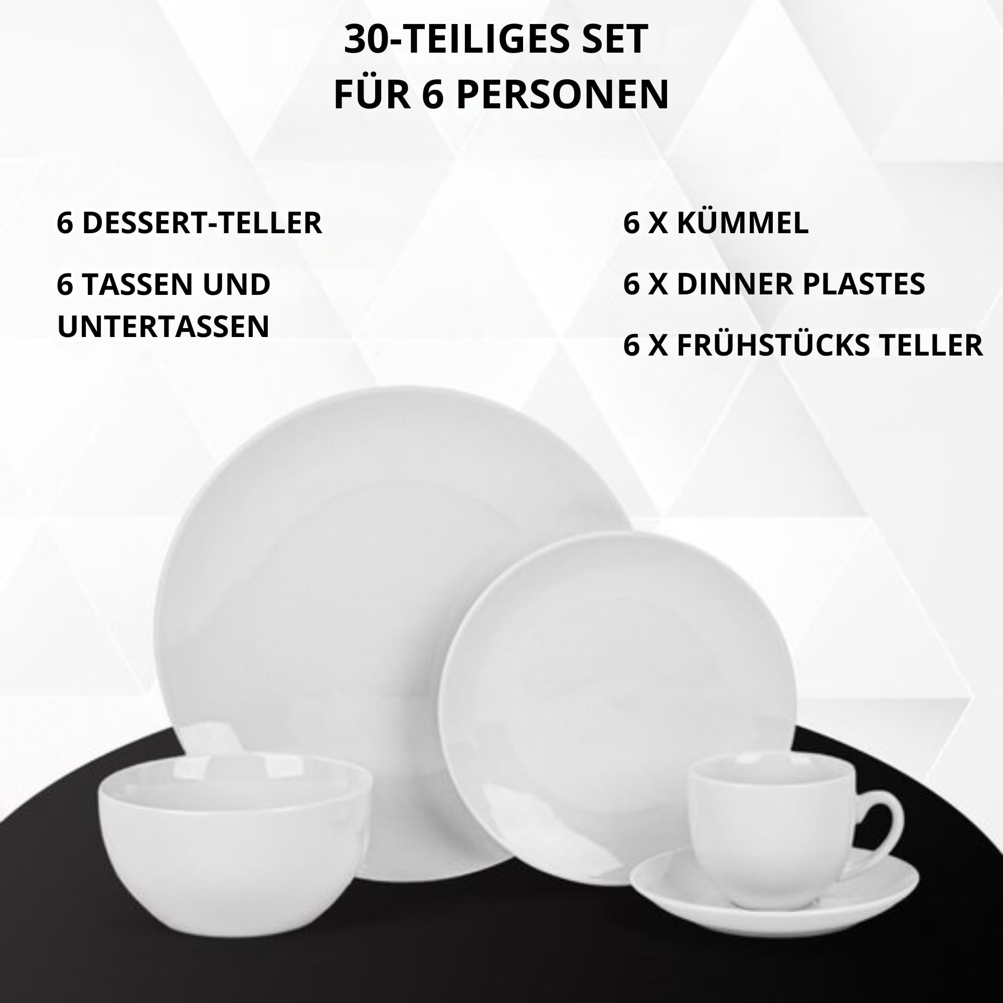 Bayt Geschirrset 6 personen, 30-teilig, Teller set aus Porzellan, Modernes weißes Geschirr für Alltag & besondere Anlässe, Spülmaschinen- & mikrowellengeeignet, Stapelbar (Weiß)