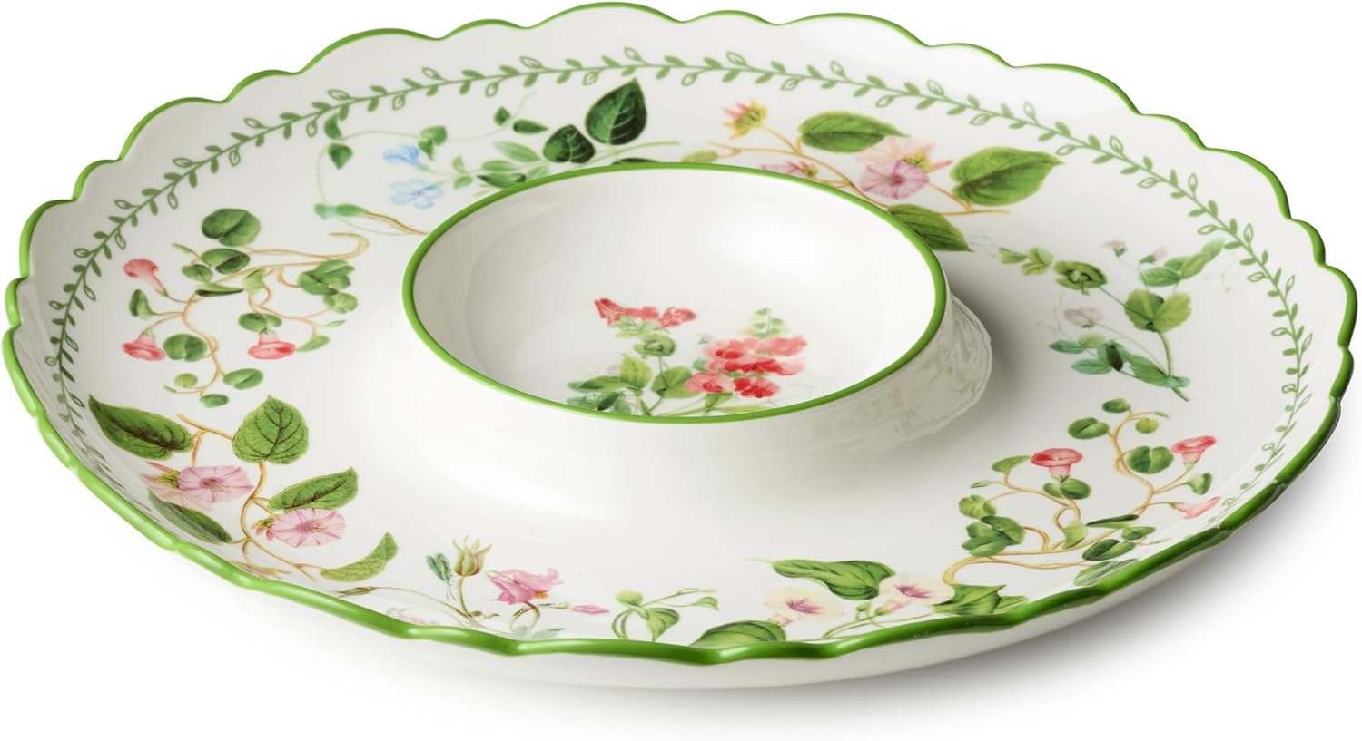 Certified International Mirabella 14-Inch Porcelain Chip & Dip Platter - Floral Butterflies Design, Scalloped Vine Trim for Snacks, Veggies, Appetizers