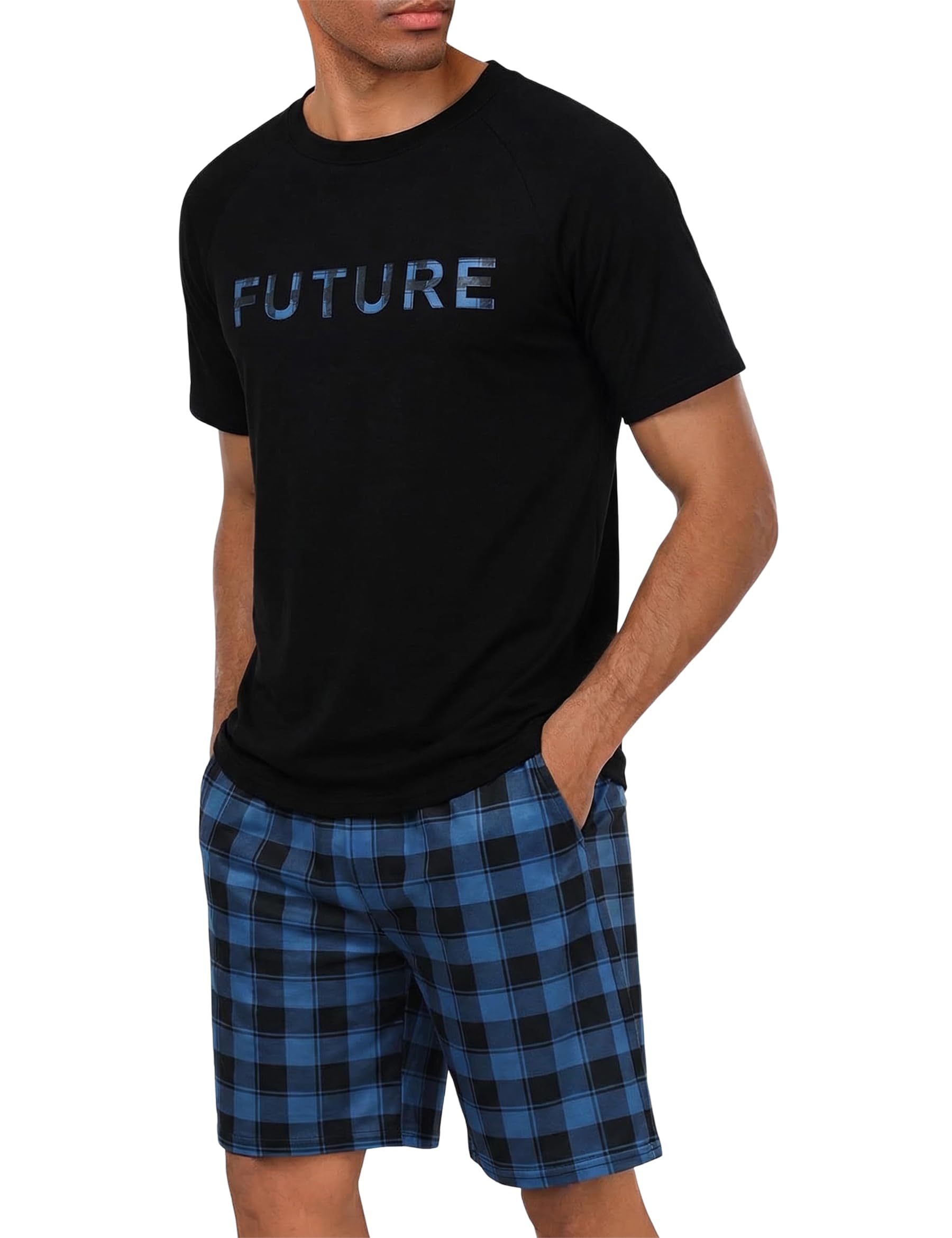Marvmys Schlafanzug Herren Kurz Sommer Pyjama Set aus Atmungsaktiver Baumwolle Zweiteiliger Kurzer Nachtwäsche Männer Kurzarm T-Shirt und Kurze Hose mit Taschen Loungewear S-3XL