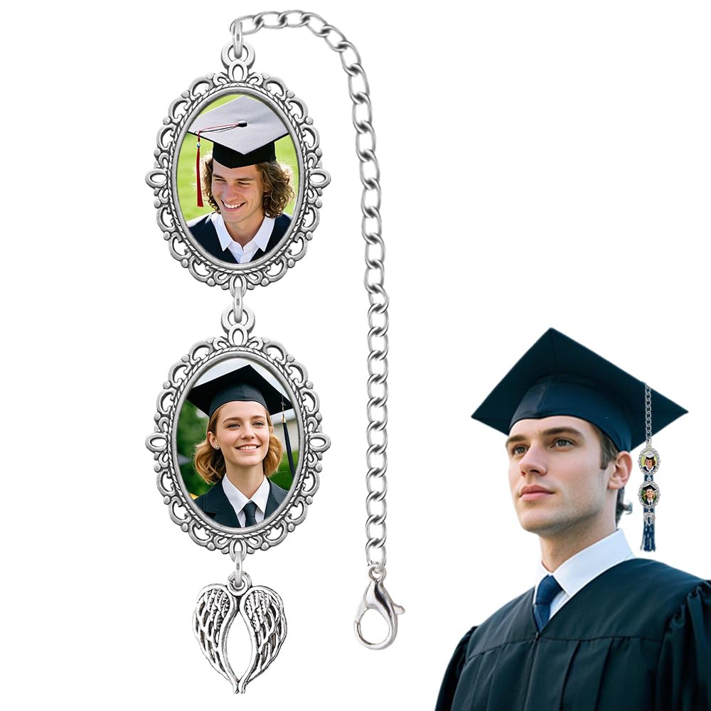 Photo 1 of Personalized Graduation Tassel Photo Charm with Angel Wings Personalized Tassel Cap Charm with Memorial Photo for Graduation Caps Decorations for Women Men Memory Picture for Grad Hats