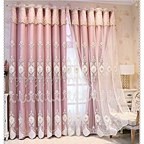 Bonita cortina opaca con bordado de encaje para dormitorio de niña, doble capa, aislamiento térmico, cortina de ventana con cenefa de gasa transparente, ideal para sala de estar