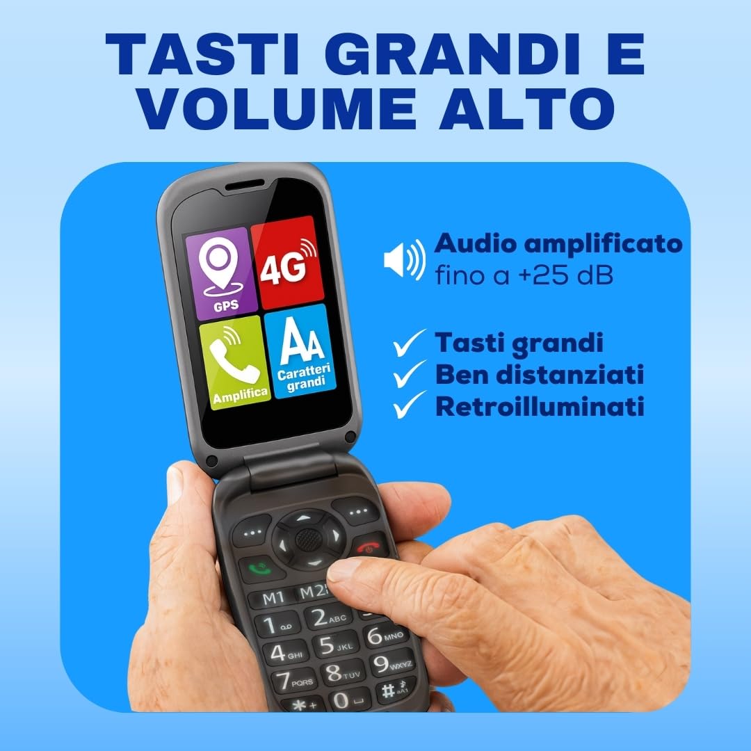 SAIET Prime GPS Cellulare per Anziani 4G con Tasto SOS, Localizzazione GPS | Telefono con Doppio Display e Audio Potenziato, Base di Ricarica e Torcia LED, Facile da Usare, Sicuro e Affidabile - Nero
