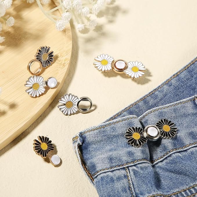 Falshruti 2 Pcs Daisy Jeans Tightening Clips, Flower Detachable Jeans Adjustable Button Pins, Adjustable Waist Buckle for Women, Instant Pants Waist Tighteners for Loose Waist for Pants Skirts 1