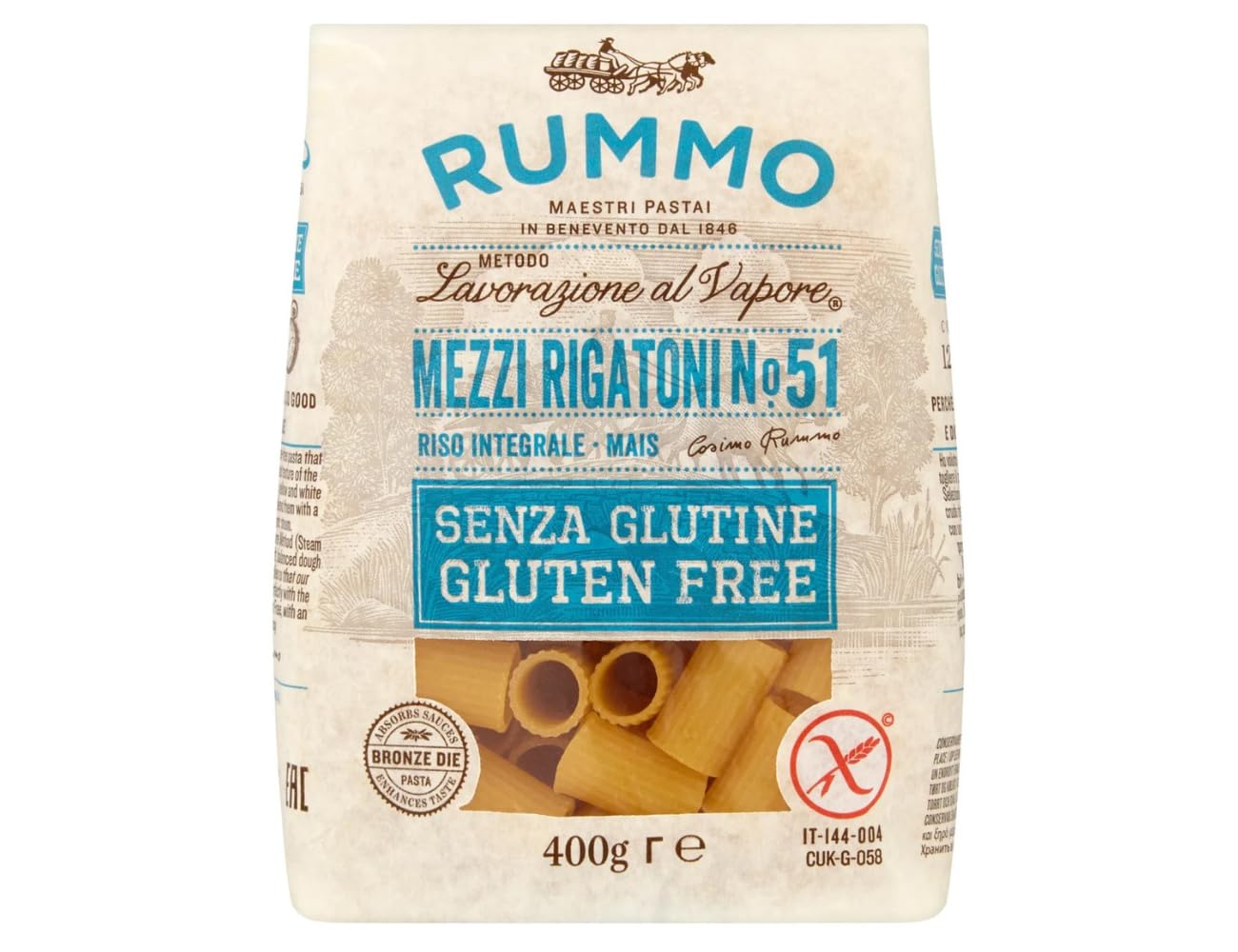 Italian Gourmet pasta Mezzi Rigatoni 24 x 400g glutenfreie Nudeln aus Mais | Senza glutine con riso integrale, bronzen gezogen, hält Saucen gut, für, Gesamtnettogewicht 9,6 kg + Kostenlos Polpa 400g