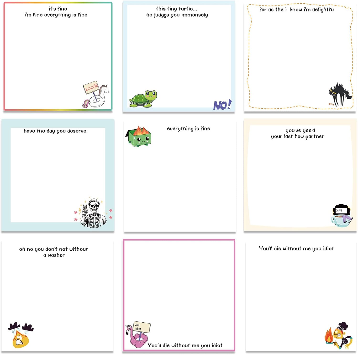 Funny Sticky Notes for Work - 9 PCS Dumpster Fire Self Adhesive Notepads Everything is Fine Post it Notes to Do List Memo School Office Supplies Desk Accessories for Coworker Boss Teacher