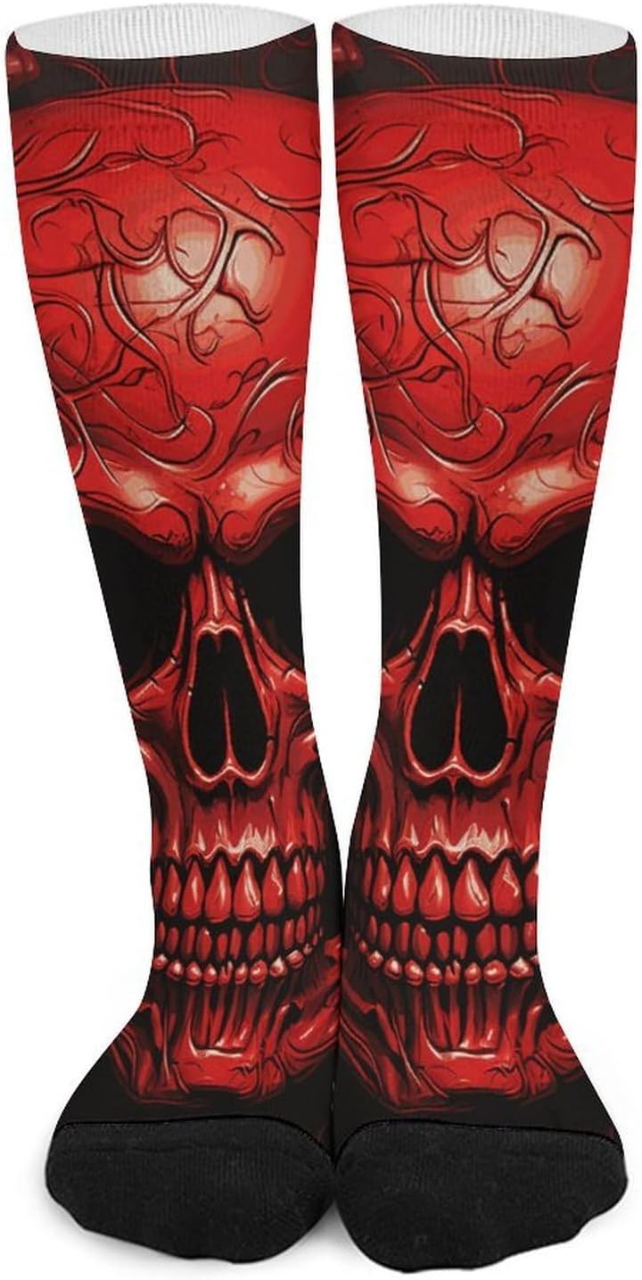 Red Skulls Knee High Soccer Socks Moisture Wicking