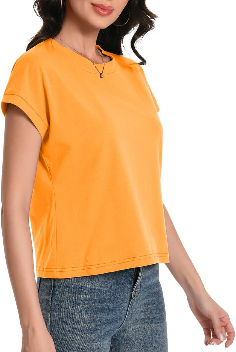 Womens Crop Tops Cap Sleeve Cotton T Shirts Crewneck Loose Fit Trendy Tee Summer Workout Tops 2025 - Image 3