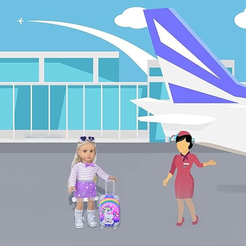 Miniatura 6 de DONTNO 29 piezas de ropa y accesorios de muñeca americana, lindo juego de viaje para muñecas de 18 pulgadas con traje de ropa morado, maleta de