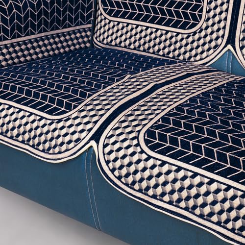 Image of Premium Chenille Woven Anti-Slip 5 Seater Sofa Cover | L-Shape Sofa Seat Protector for Living Room | Durable & Stylish Slipcover - Navy Blue - 3D