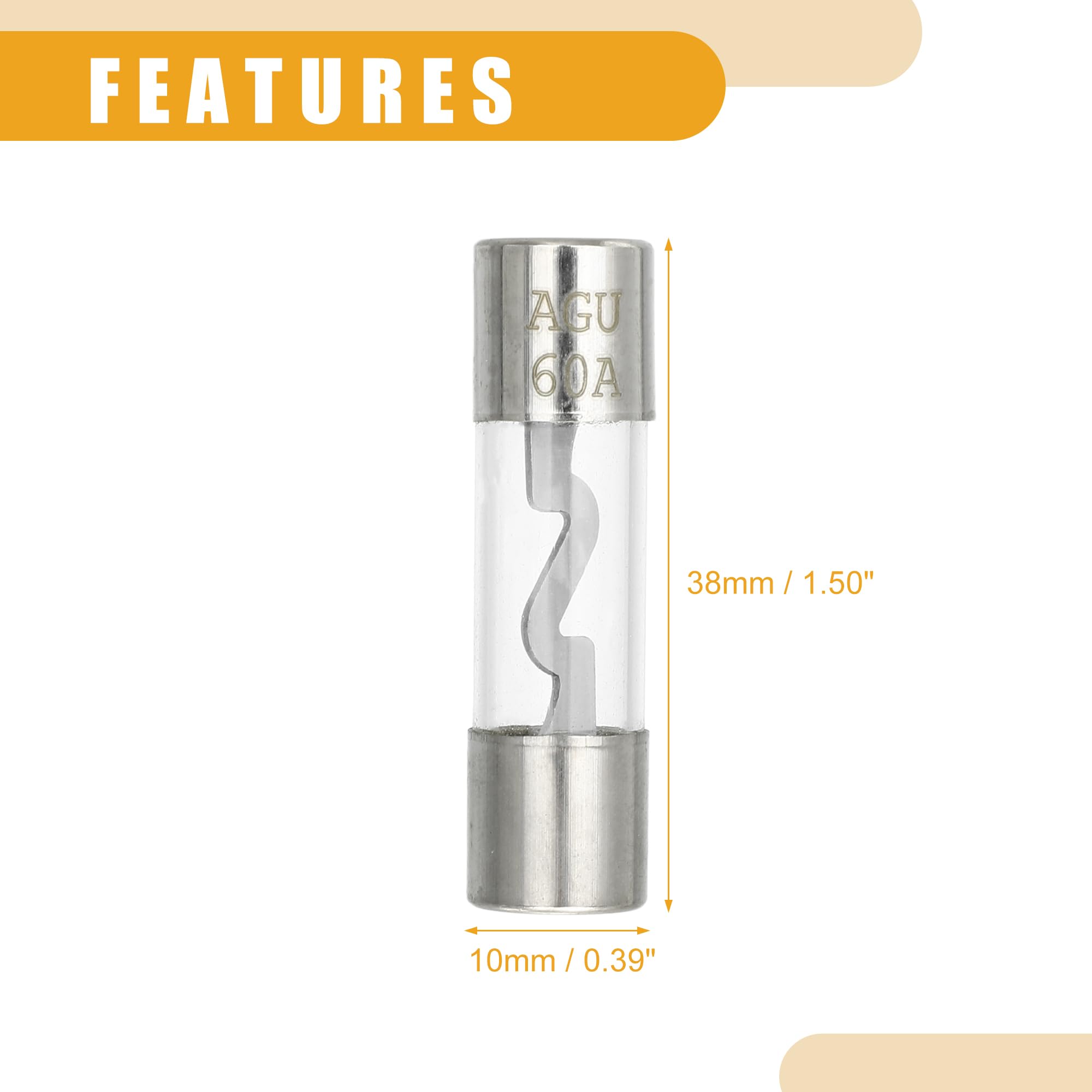 10 Stück 10x38mm 0,39x1,50 Zoll 60A Universal AGU Glassicherung - Kfz-Sicherungsröhre zum Schutz der Stromversorgung - Metall Silberton