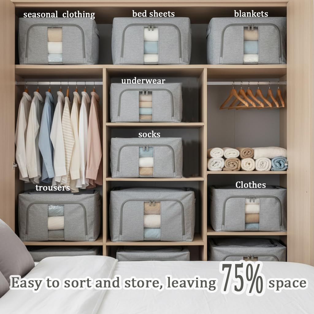 Cajas Almacenaje Ropa, con metálico 5mm, base con soporte PP, 66L | Gris, 3 PCS, Algodón y Lino, Bolsas Plegables, Para Organizador Armario, edredones, colchas, mantas