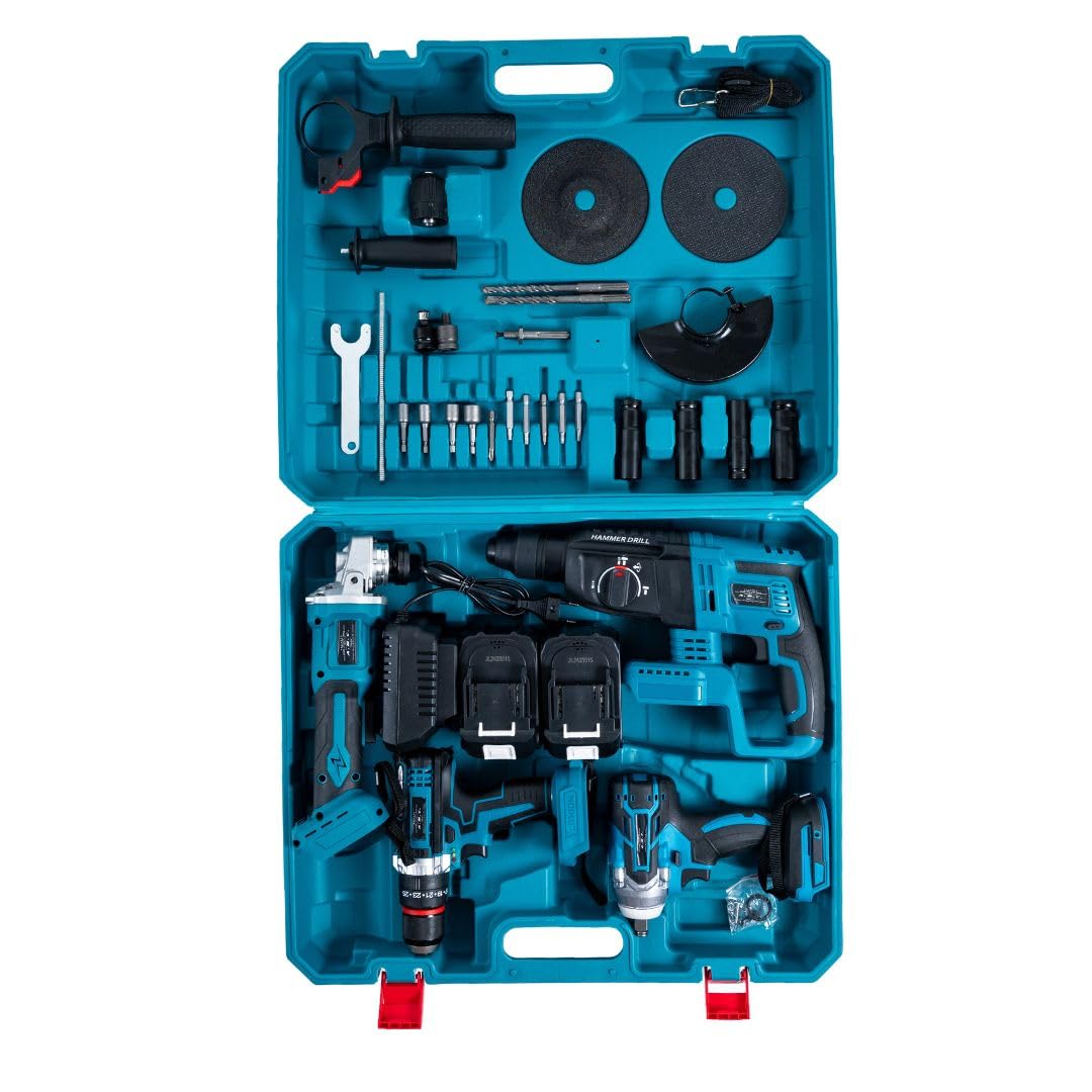 A.M.C. Kit Professionale Fai da Te 5 in 1 con Trapano Avvitatore a Batteria, Trapano a Percussione a Batteria Smerigliatrice Angolare, Trapano a Martello e ad Impulsi Svita Bulloni Luce Led 88v
