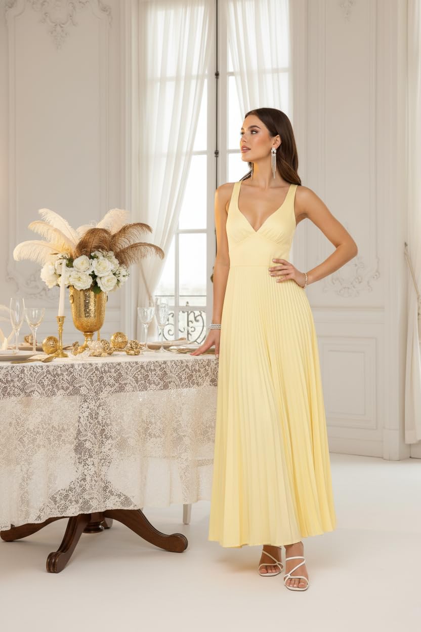 Tea Length Satin Bridesmaid Dresses with Pleates for Women V-Neck Pleated Formal Wedding Guest Dress - Image 4