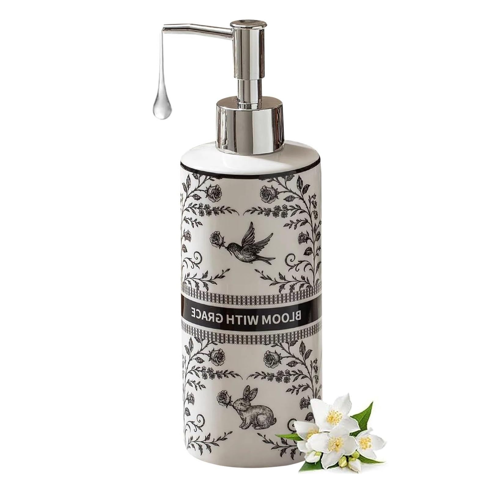 Qyleee B Hand Classical Prints Dish 13.5Oz With Silver Pump Refillable Lotion Home Athroom Decor Dish For Athroom(B)