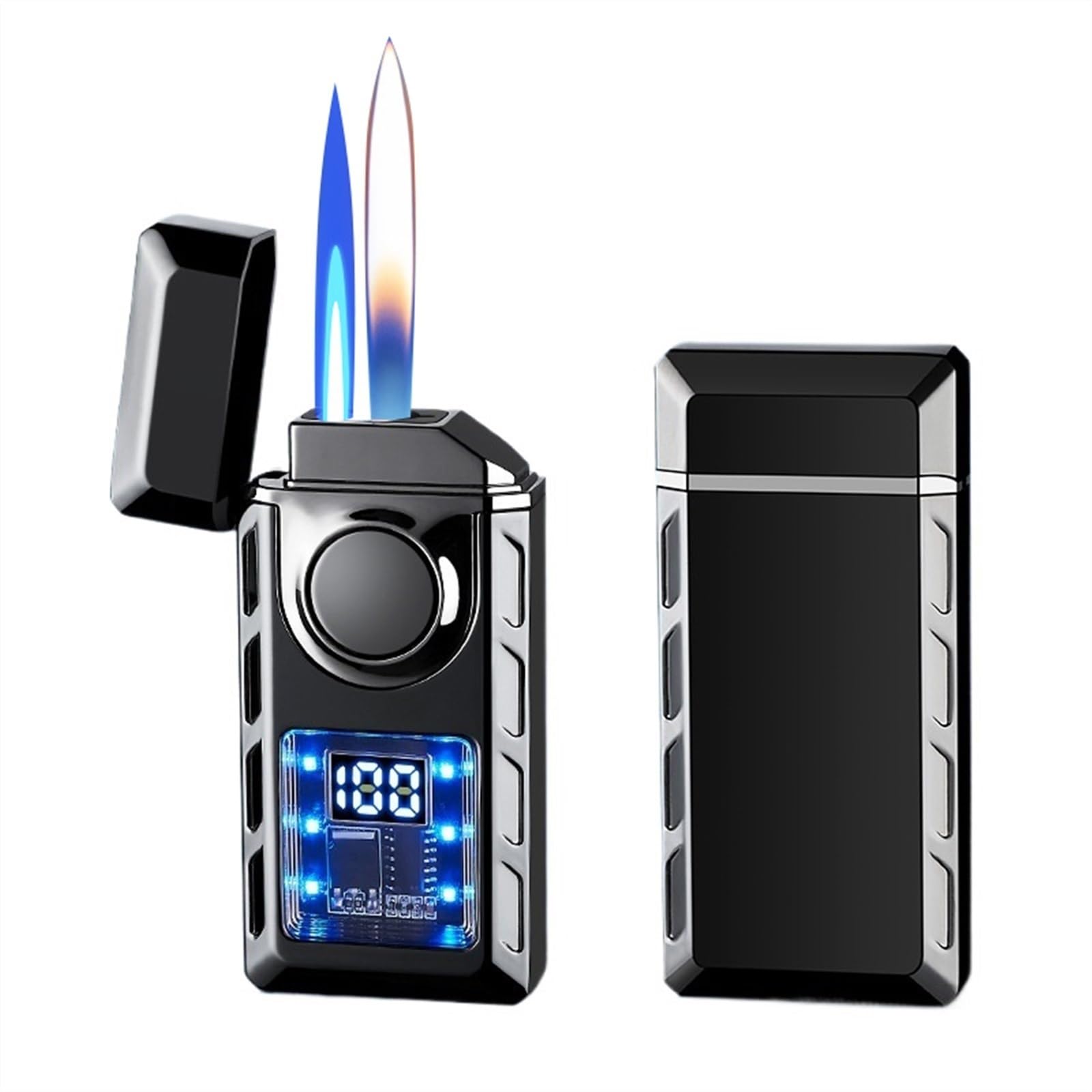 Visible transparent transom, open flame + jet flame modes, inflatable butane, portable metal lighter, windproof and adjustable flame, can be used indoors and outdoors(Ice Black)