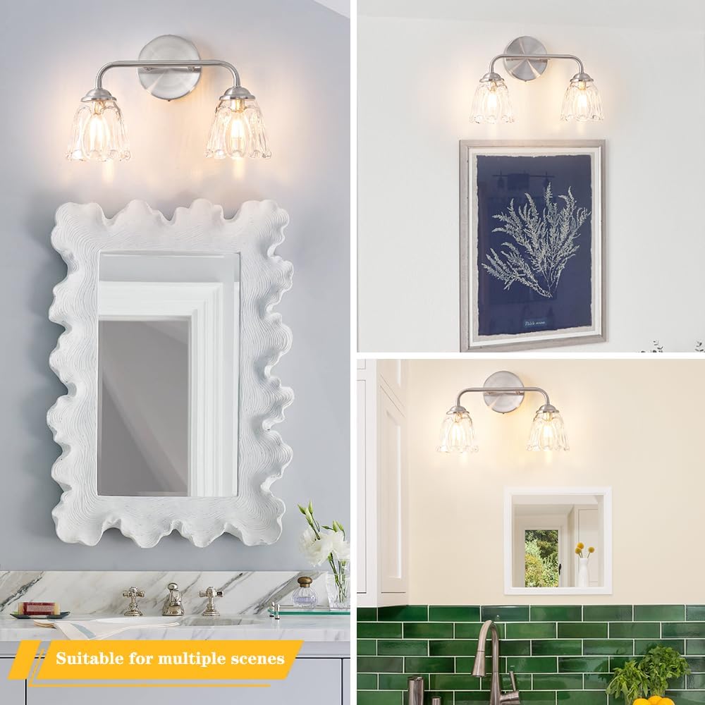 Daunton Vintage Bathroom Vanity Light, Brushed Nickel Vanity Lights Over Mirror, 2-Light Elegant Bathroom Light Fixture with Flower Glass Shade, Wall Sconce Lighting for Bedroom Lining Room