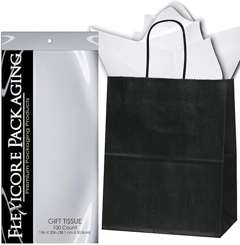 Flexicore Packaging Bolsas de regalo de papel kraft negro y papel de seda blanco para regalo Tamaño 8 pulgadas x 4.75 pulgadas x 10.5 pulgadas