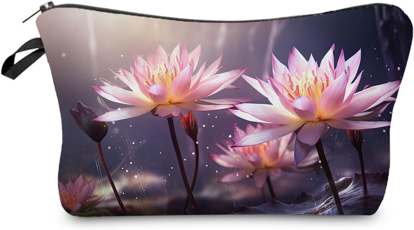 Floral Lotus Flower Cosmetic Bag Cute Small Makeup Organizer Pouch with Zipper Floral Water Lily Toiletry Makeup Bag Present for Women