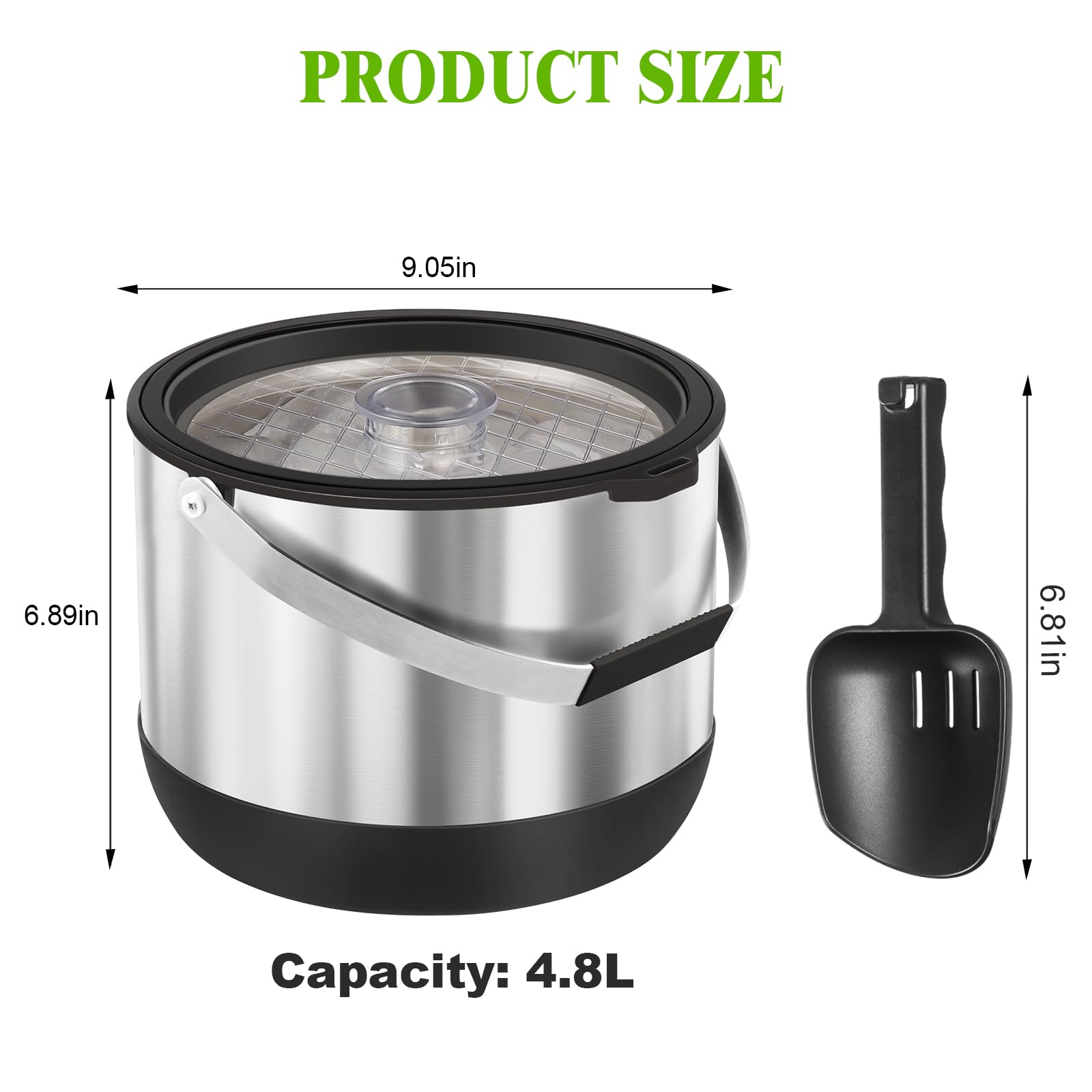 Grande secchiello per il ghiaccio in acciaio inox da 4,8 l, con coperchio in silicone, paletta e colino, ben fatto, isolato sottovuoto, a doppia parete, per cocktail bar, feste (nero)
